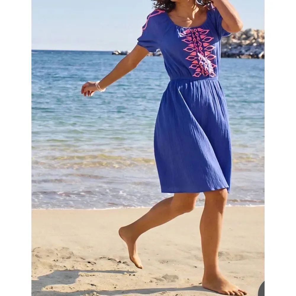 Talbots Dress Women's Small Blue Crinkle Gauze Square Neck Embroidered Resort